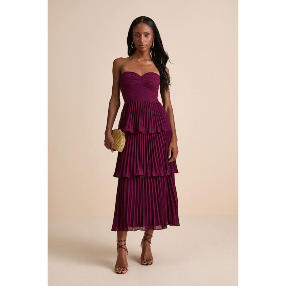 Lulus Seriously Sensational Plum Strapless Tiered Midi Dress Purple - Size L